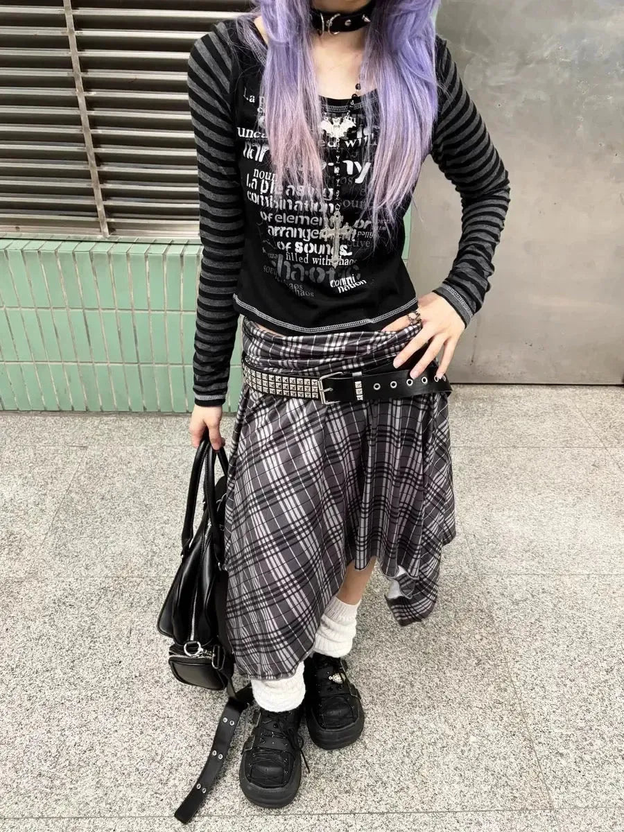 Checked Irregular Hem Midi Skirt E39658
