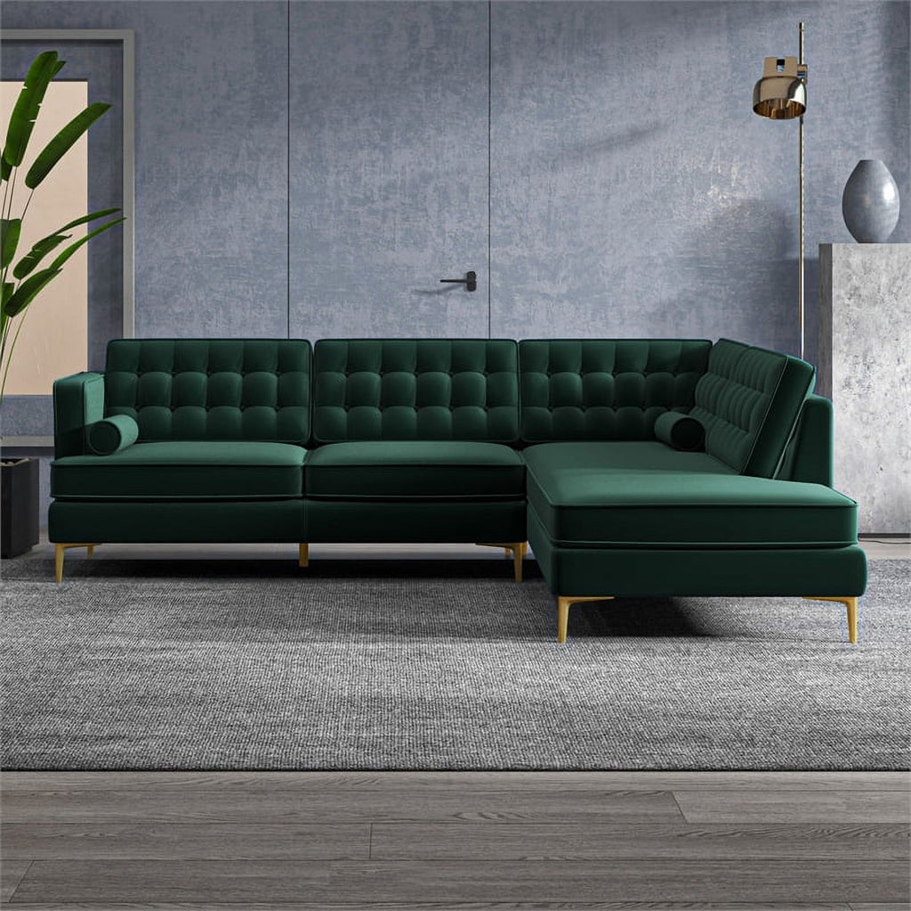 Green Velvet Right-Facing Upholstered Sectional U7621