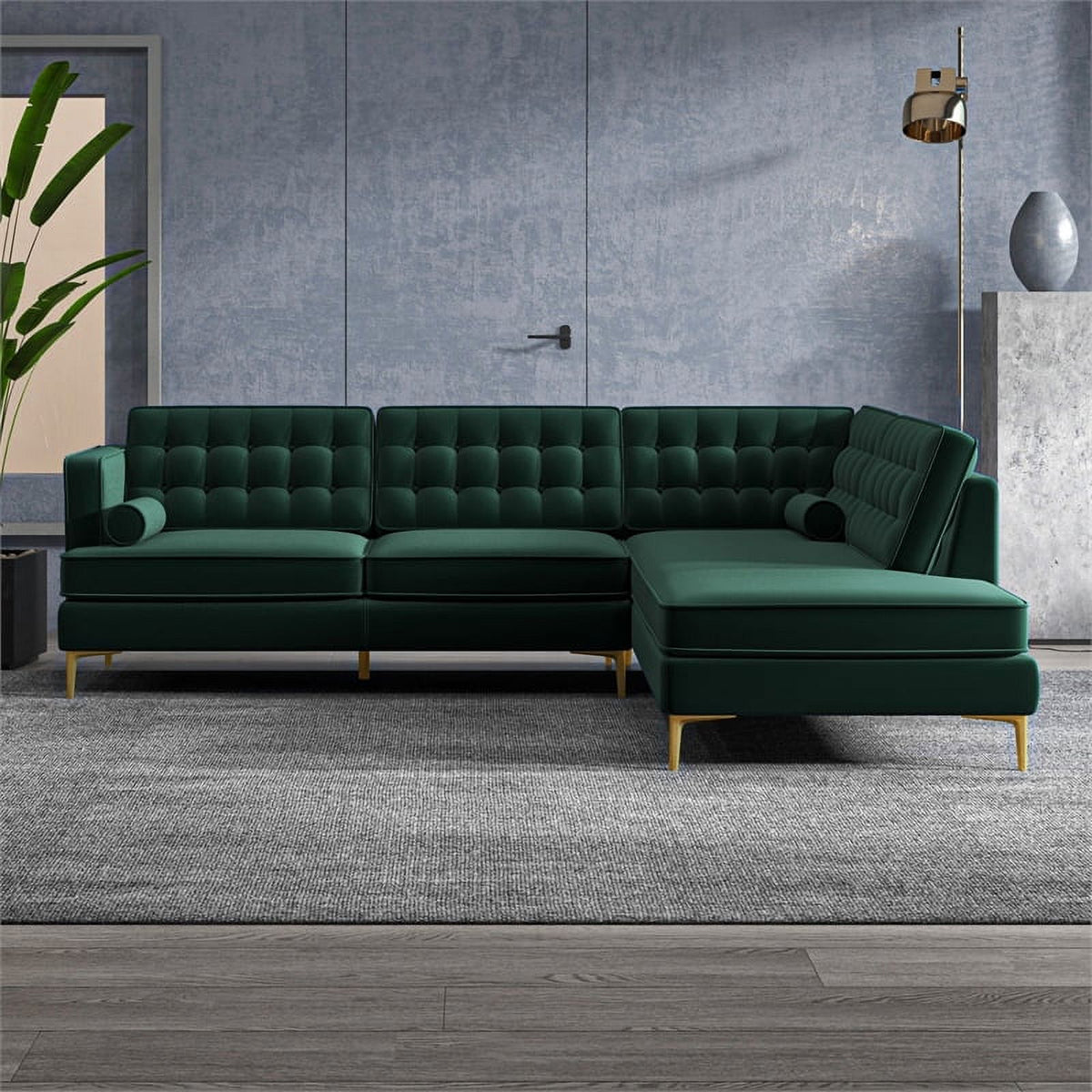 Green Velvet Right-Facing Upholstered Sectional U7621