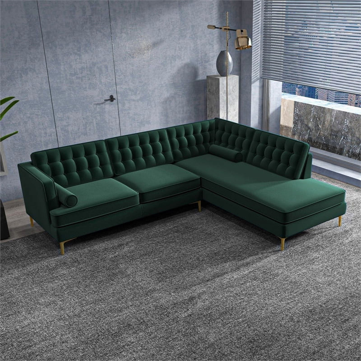 Green Velvet Right-Facing Upholstered Sectional U7621