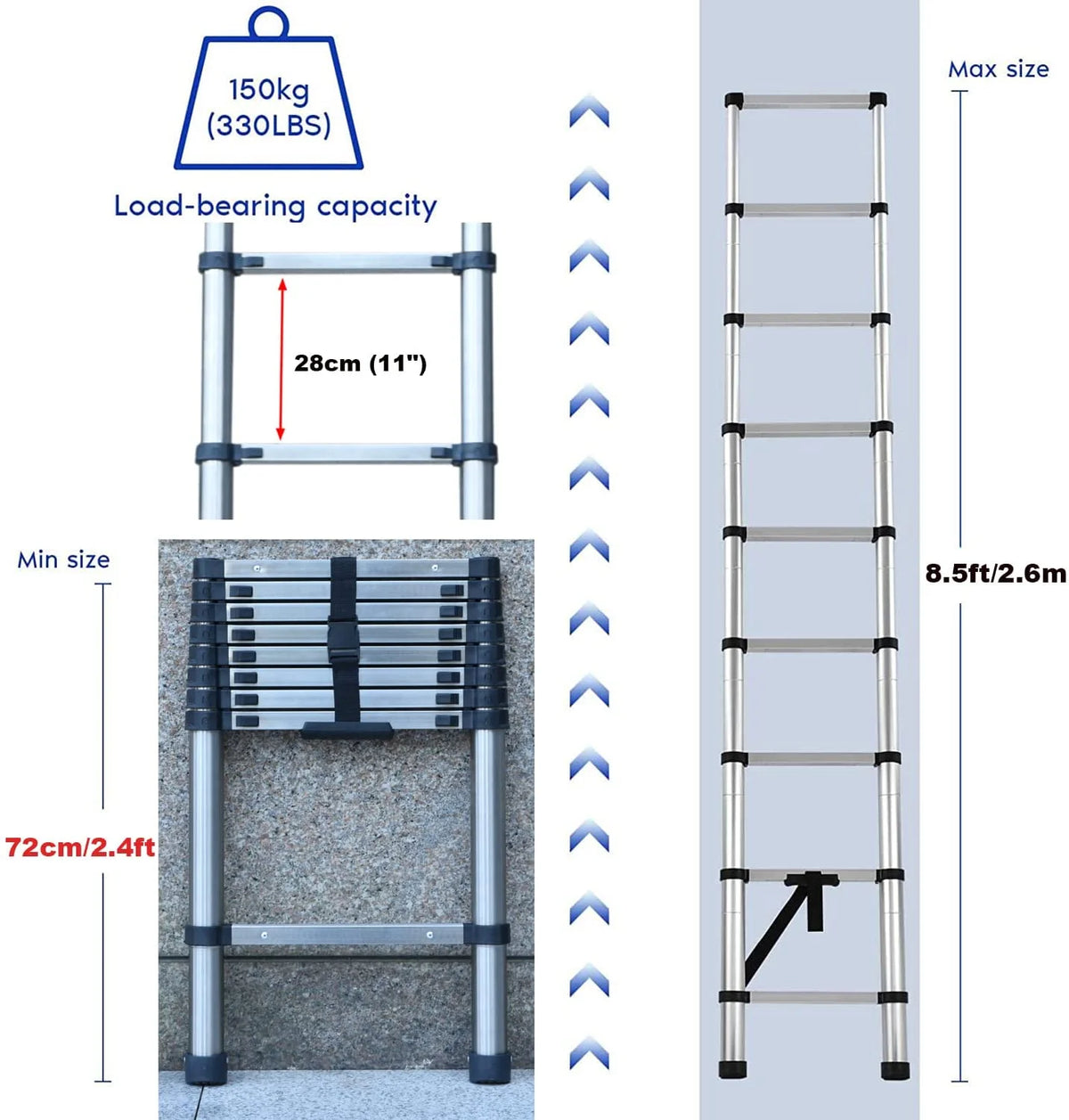 Stainless Steel Telescoping Folding Ladder 330lb Load Capacity N89326