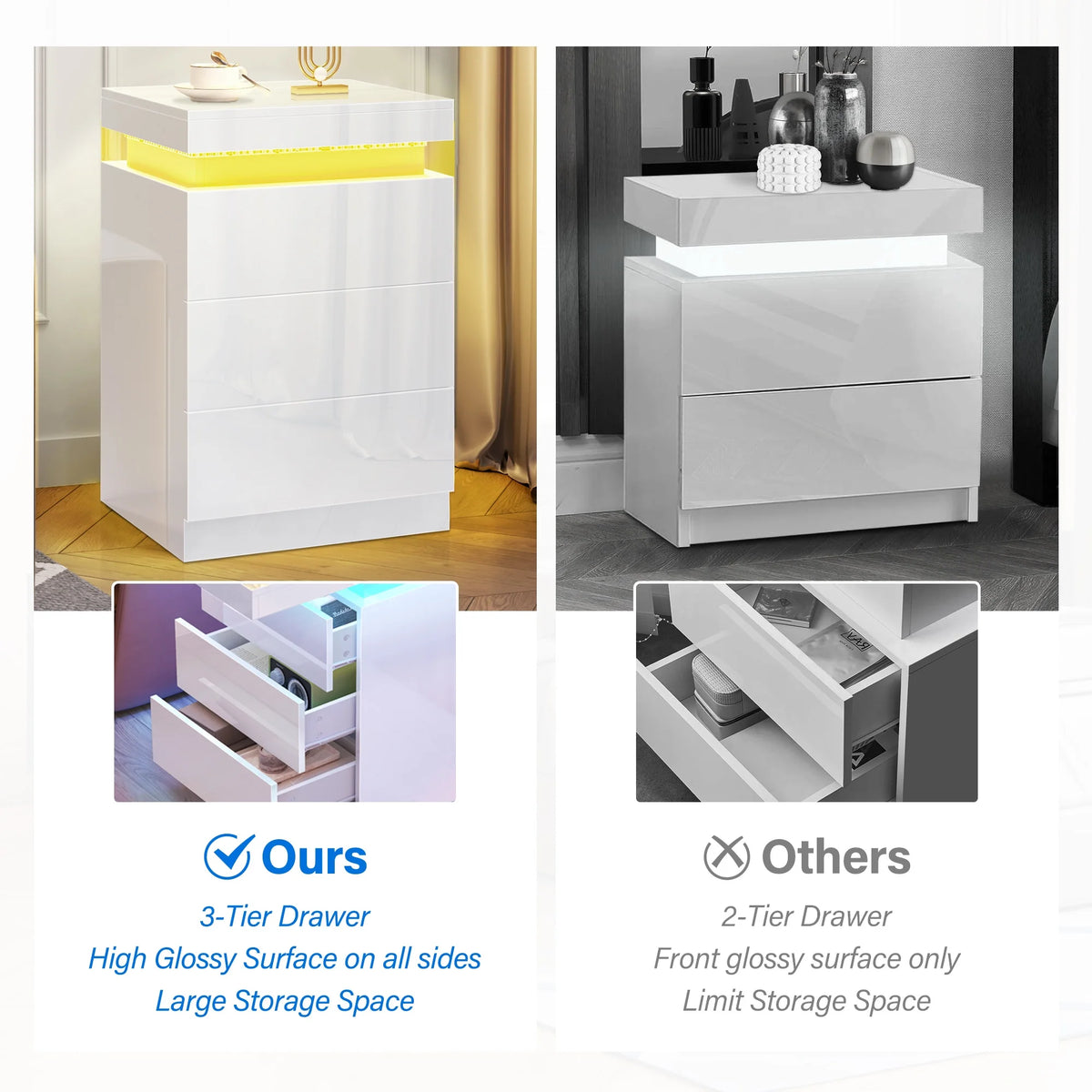 White 3 Drawer LED Nightstand Z490128